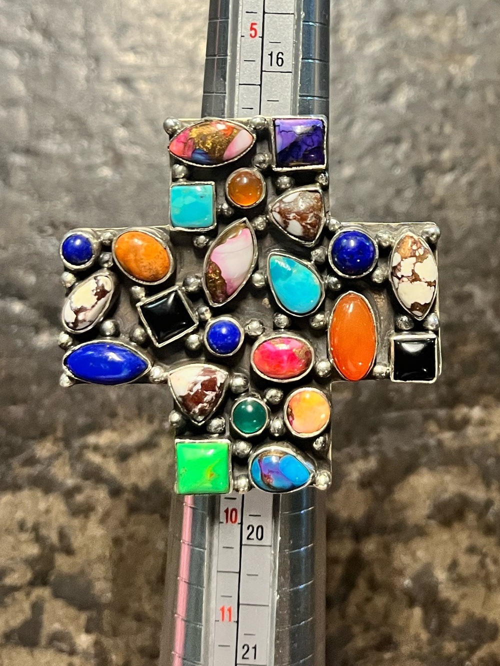 Multi-stone Large Sterling Silver Adjustable Cross Ring. - Picture 4 of 7
